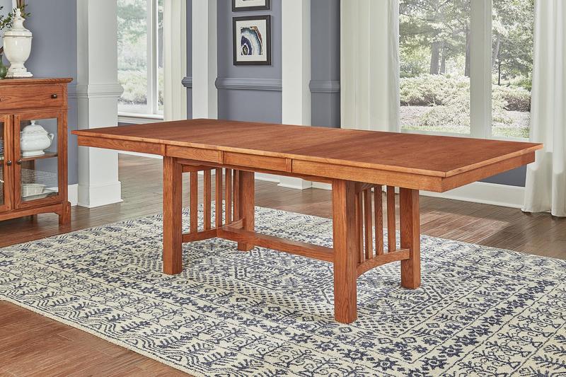 Laurelhurst 60" - 92" Rectangular Trestle Table with (2) 16" Self-Storing Leaves, Mission Oak Finish