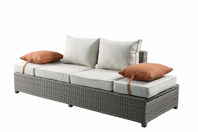 Salena Beige Fabric & Gray Wicker Patio Sofa W/2 Pillows & Ottoman