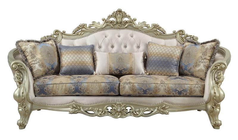 Gorsedd Fabric & Golden Ivory Finish Sofa W/5 Pillows