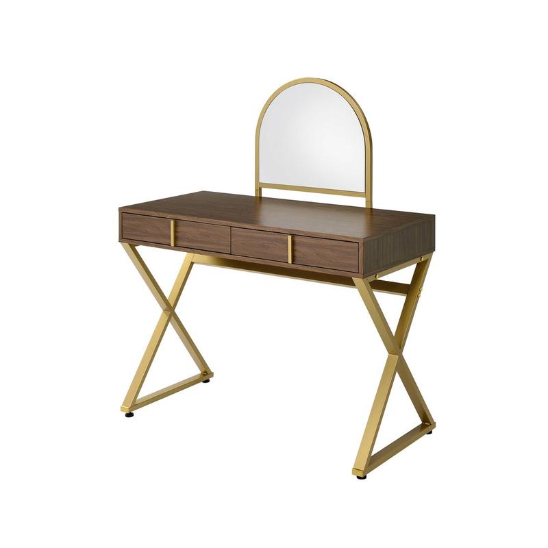 Coleen Walnut & Gold Finish Vanity Desk W/Mirror & Jewelry Tray