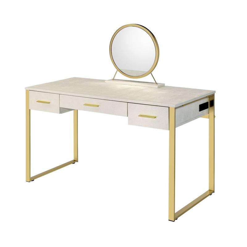Myles Antique White & Champagne Finish Vanity Set W/USB