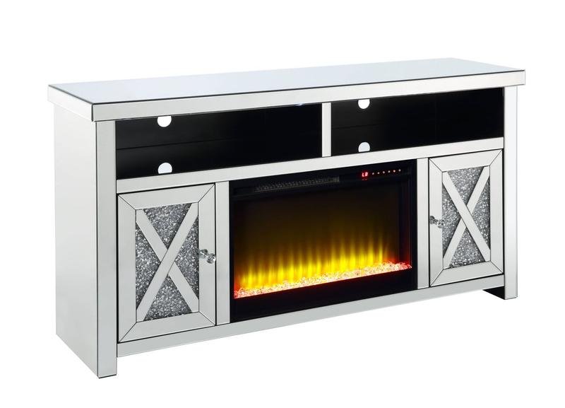 Noralie Mirrored & Faux Diamonds Tv Stand W/Fireplace