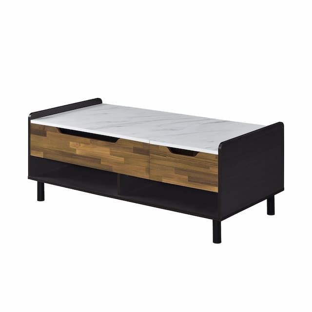 Axel White Printed Faux Marble, Walnut & Black Finish Coffee Table W/Lift Top
