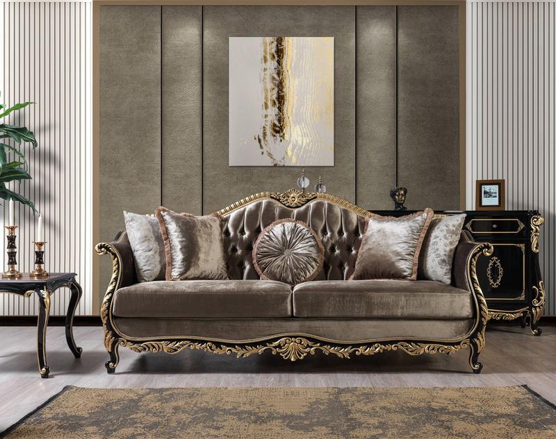 Betria Light Green Velvet, Gold & Black High Gloss Finish Sofa W/5 Pillows