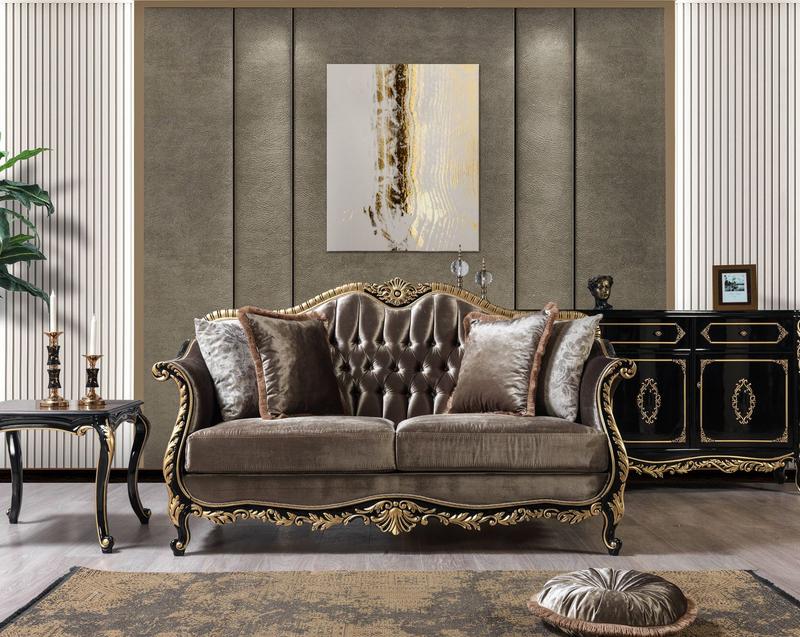 Betria Light Green Velvet, Gold & Black High Gloss Finish Loveseat W/4 Pillows