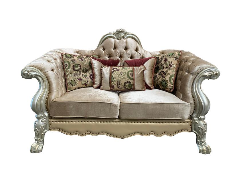 Dresden Bone Velvet & Gold Patina Loveseat W/5 Pillows